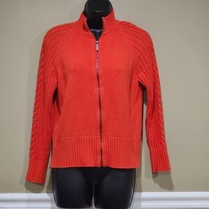 Liz Claiborne Women's Sweater Cardigan Full Zip Cable Knit Sleeves Orange Size M